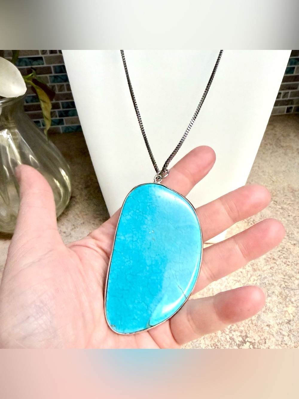 Vintage artisan chunky turquoise pendant necklace - Picture 3 of 5
